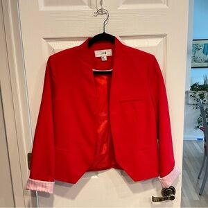 Forever 21 Red Cropped Open-Front Blazer with Pink Cuff Detail